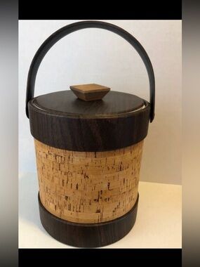 Faux Wood Grain Cork Accent Ice Bucket with Handle - Dark Brown &Natural Vintage